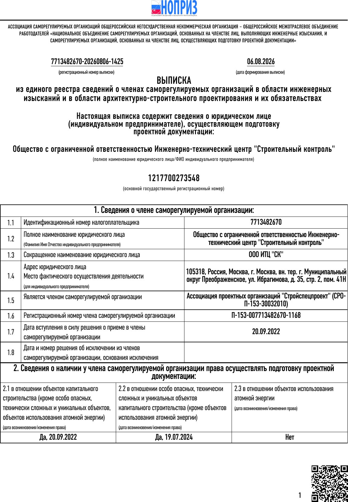 Выписка Ассоциация СРО «Стройспецпроект»